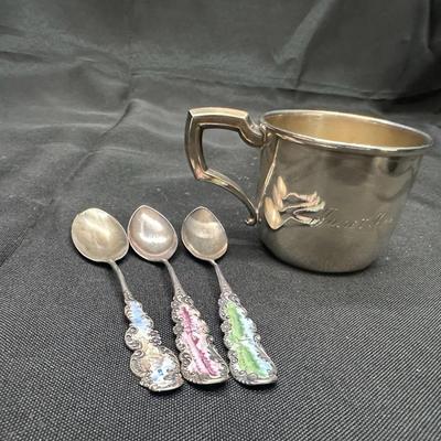 Sterling Silver Mug & Spoon Group | Enamel Decorated Spoons + Sterling Teaspoons | 56g