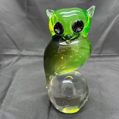 Green Art Glass Owl Figurine | Uranium Glass | Mid-Century Style
