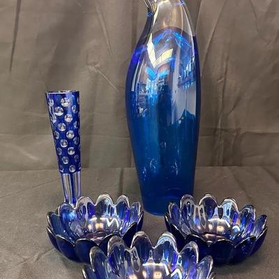 Blue Art Glass Lot | Glass Penguin Figurine, Lotus Bowls & Tall Vase