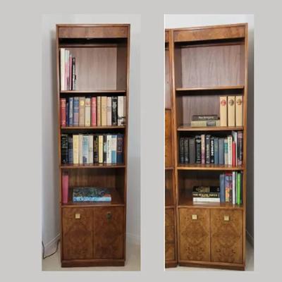 Drexel Burlwood Bookcases Pair | Open Shelving with Cabinet Storage