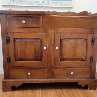 Antique Wooden Dry Sink Cabinet | Porcelain Knobs, Dual Doors, Drawer Storage