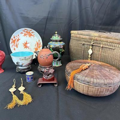Asian Decorative Art Lot | Ceramics, Cloisonné Vase, Carved Lacquer, Wicker Baskets