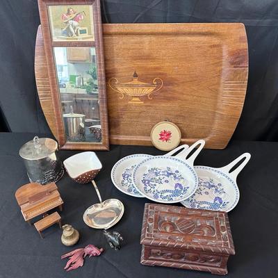Decorative Home Accents Lot | Carved Wood Box, Trays, Plates, Mirror & Collectibles