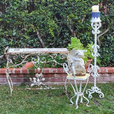 Wrought Iron Garden Table with Tile Top, Cherub Statue & Candle Stand | Outdoor Decor