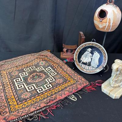Decorative Collectibles Lot | Handwoven Rug, Greek-Style Plate, Stone Sculpture & Accents