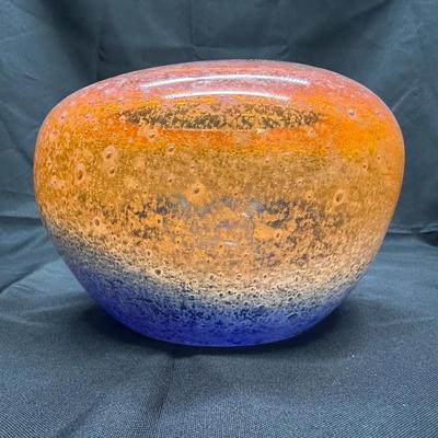Art Glass Bubble Vase | Scandinavian Style Orange & Blue Cased Glass