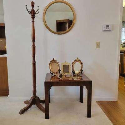 Decorative Furniture & Accent Lot | Wood End Table, Round Mirror, Frames & Coat Rack