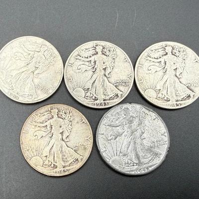 Walking Liberty Half Dollars | 5 Coins | 1943 & 1945 | 90% Silver