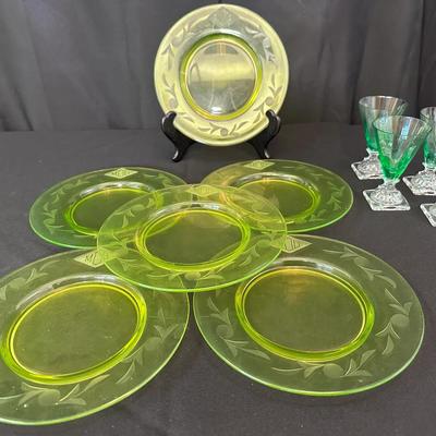 Uranium Glass Etched Plates & Stemware Set | MOG Monogram | 10-Piece Collection