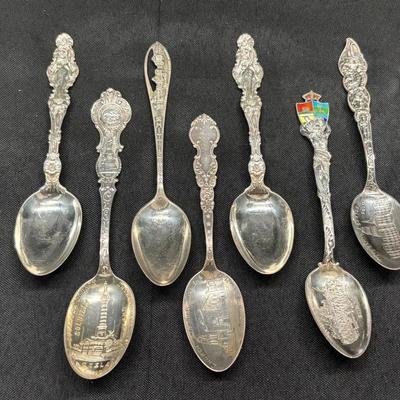 7 Sterling Silver Souvenir Spoons | Ornate Handles & Engraved Bowls | Total Weight 138g