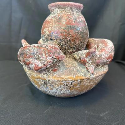 Decorative Pottery Fountain Form with Fish Motifs | Hand-Formed Earthenware Sculpture