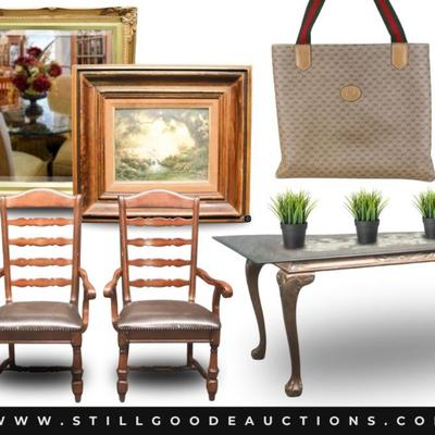 This auction has beautiful furniture, jewelry and more! Waterford, Reed & Barton, Sterling Silver, Restoration Hardware...