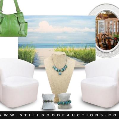 This auction has beautiful furniture, jewelry and more! Waterford, Reed & Barton, Sterling Silver, Restoration Hardware...