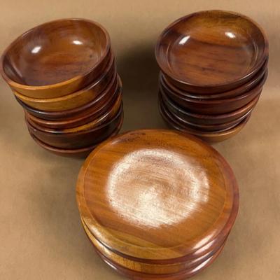 Set Of 8 Wood Plates & 14 Bowls By SFH Handicrafts Made In Paraguay, Likely Teak Or Redwood
