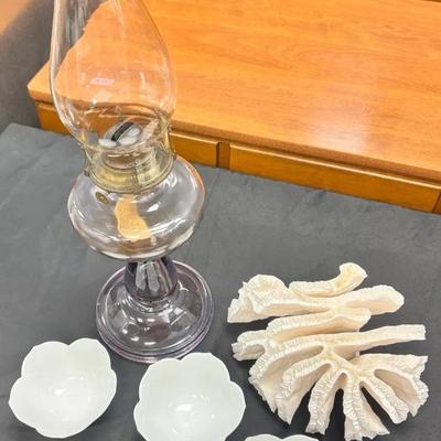 Vintage P&A Mfg Co. Amethyst Glass Hurricane Oil Lamp, Brain Coral & 3 Porcelain Lotus Bowls