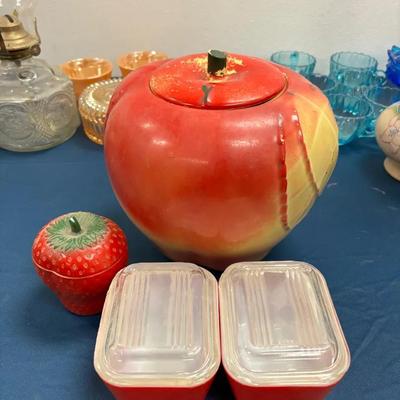 Fruit Lover’s Delight: Large Apple Cookie Jar, Strawberry Glass Container & Vintage Pyrex