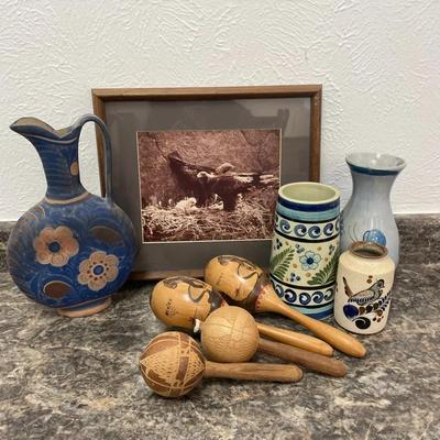Mexican Folk Art Pottery Framed Eagle Print Wooden Maracas