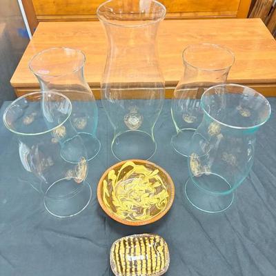 Lot Of Colonial Williamsburg Ceramics & 5 Hurricane Glass Lamp Shades