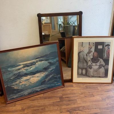 Wood Mirror & 2 Large Framed Art Prints - Ocean Scene By Sam Coty; Rachel Pringle Of Barbadoes