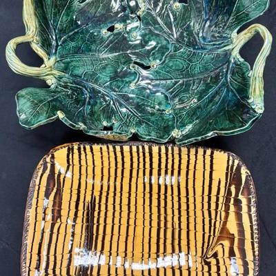 2 Large Ceramic Serving Trays: Colonial Williamsburg Slip Glazed Earthenware & Majolica Style Leaves