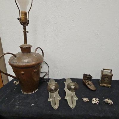 Lamp, Pewter Candle Wall Holders& Sterling Silver Money Clips