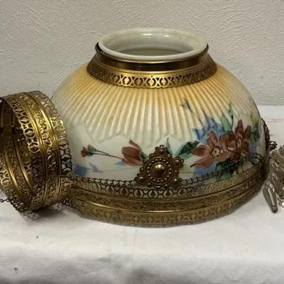 Antique Victorian Hanging Parlor Lamp Embossed Brass And Milk Glass