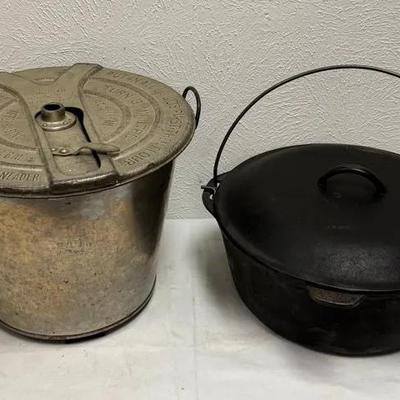 Antique Landers, Frary & Clark Universal Bread Maker, And Giant Cast Iron Pot