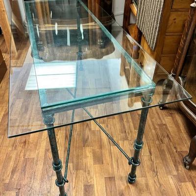 1990s Giacometti Style Verdigris Console Hall Table w/ 2 Glass Top Options