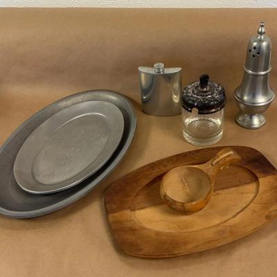 Vintage Kitchenwares: Cast Aluminum Serving Trays, Glass & Silvertone Condiment Jar, Pewter Flask…