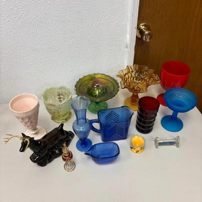 Beautiful Lot Of Colorful Eclectic Mid-Century Glassware - Goblets, Vase, Pitcher, Avon Deer Bottle