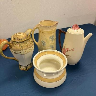 Floral Vintage Teapots & Yellow Ware Bowl