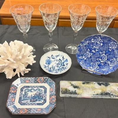 Beautiful Decor Lot Including A Vintage Japanese Imari Plate, 4 Etched Glass Goblets, Elkhorn Coral