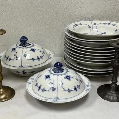 Royal Copenhagen Blue Fluted Plain China Tureens And Plates With Pewter And Brass Candlesticks