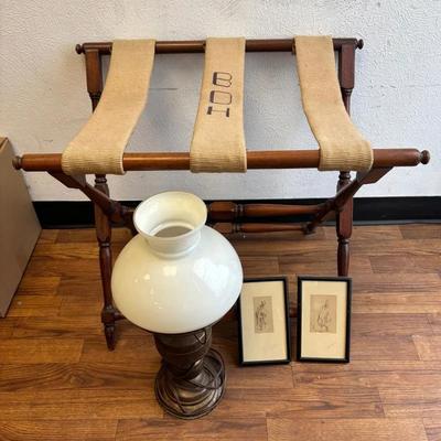 Vintage Brass Lamp (Works!), Wood & Embroidered Luggage Rack, 2 Small Framed Pen Drawings