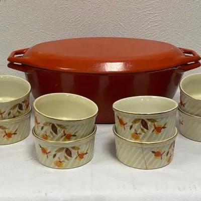Vibrant Orange Copco Denmark Dutch Oven And 12 Hall’s Superior Ramekins
