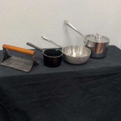 All-Clad Cookware, Cast Iron Pot, & Vintage Cast Iron Bacon Press