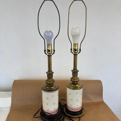 Pair Of Working Vintage Leviton Brass & Hand Painted Ceramic Table Lamps (No Shades)