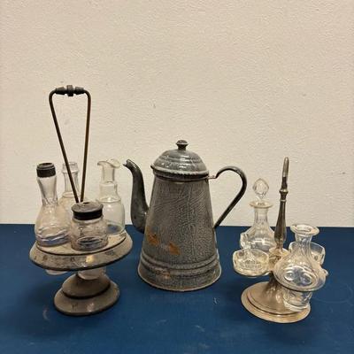 Vintage Grey Mottled Enamel Graniteware Coffee Pot & 2 Antique Victorian Condiment Cruet Castor Set 