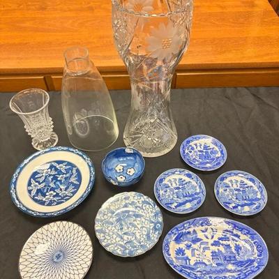 Glass/Crystal & Blue & White Ceramic Lot, 11 Items, Many Pieces Made In Japan, Small Plates & Dishes