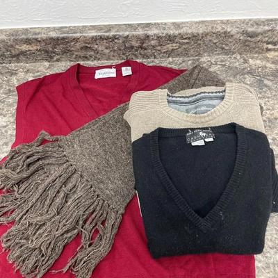 Saks Fifth Avenue 100% Wool  Vest 100% Cashmere Vest Rustic Brown Scarf Eddie Bauer Sweater 