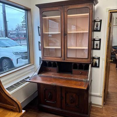 Antique Victorian Carved Wood Secretary Desk w/ Bookcase & Glass Doors, Likely Walnut, Circa 1868  
