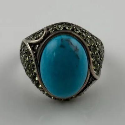 Oval Turquoise Cabochon & Peridot Sterling Silver Dome Ring
