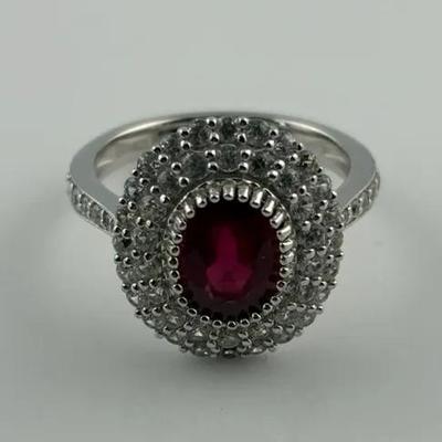 2.7 Carat Oval Ruby Sterling Silver Halo Ring