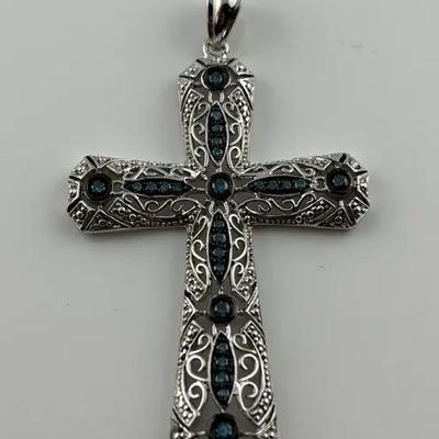 Blue Diamond Sterling Silver Filigree Cross Pendant