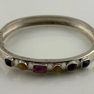 Rough Colored Sapphire Sterling Silver Clamp Bangle Bracelet