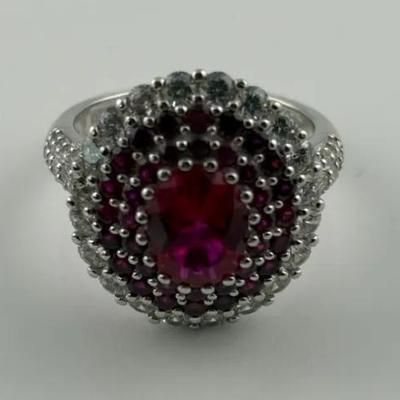 2.3 Carat Oval Ruby Sterling Silver Layered Halo Ring