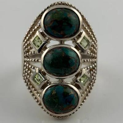 Oval Chrysocolla Cabochon & Peridot Sterling Silver Ring
