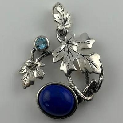 Oval Lapis Lazuli Cabochon & Blue Topaz Sterling Silver Naturalistic Leaf Pendant