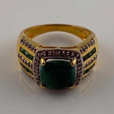 Natural Cushion Emerald Sterling Silver Gold Vermeil Ring