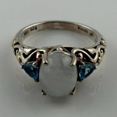 Natural Oval Moonstone Cabochon & Blue Topaz Sterling Silver Ring W/ 18k Gold Accents